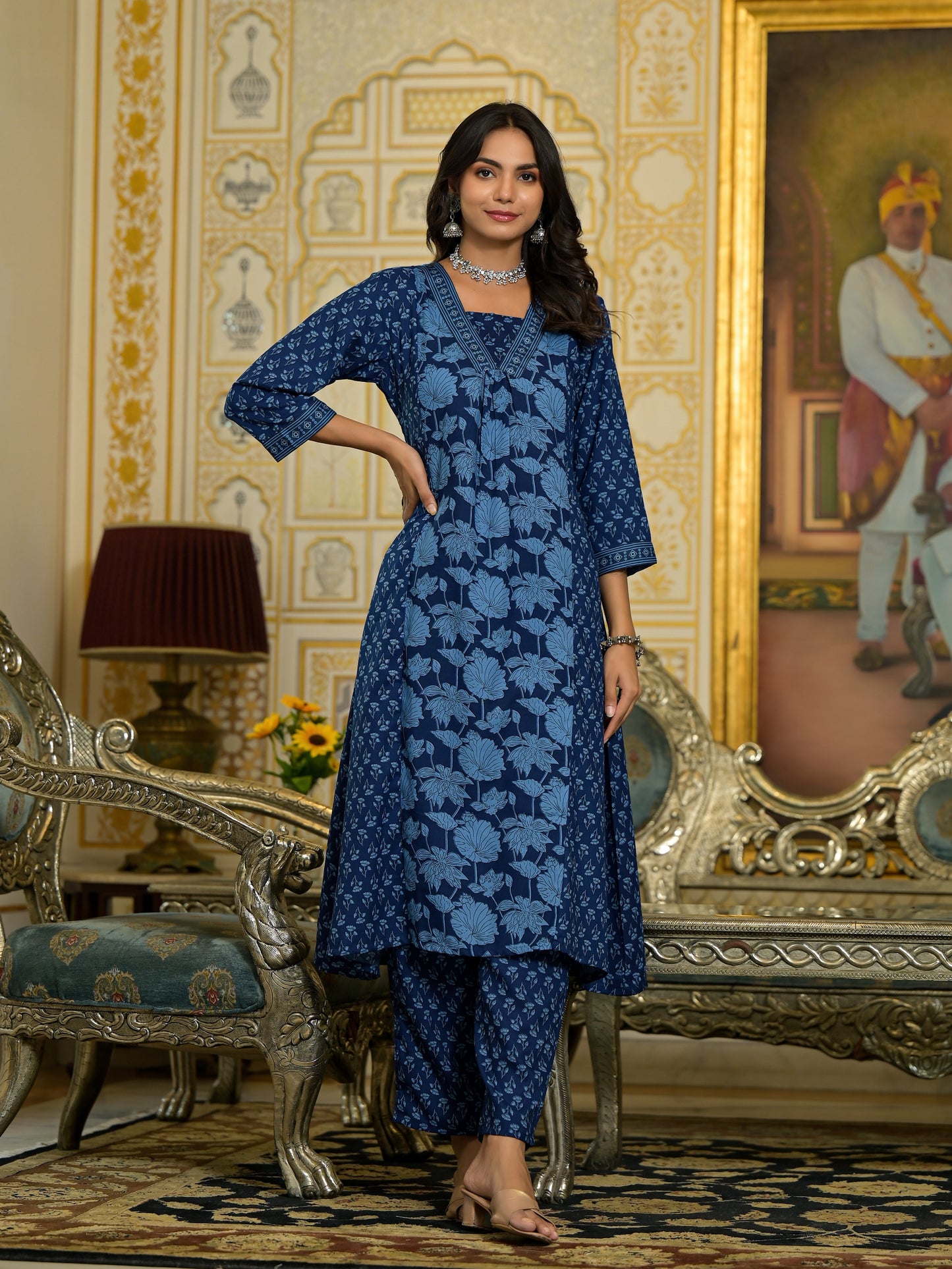 Women Blue Embroidery Viscose Rayon Kurta, Pant And Dupatta Set