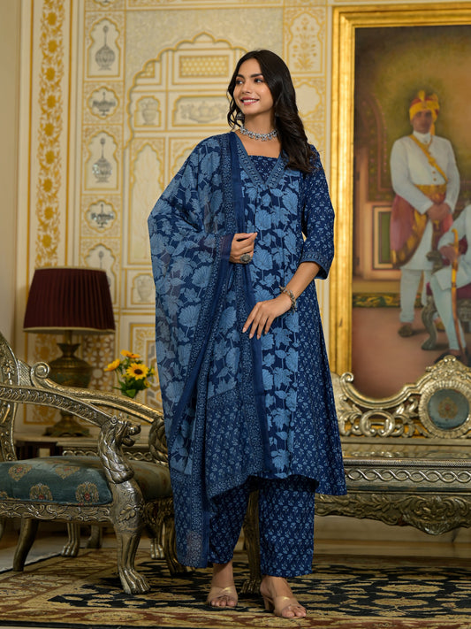 Women Blue Embroidery Viscose Rayon Kurta, Pant And Dupatta Set