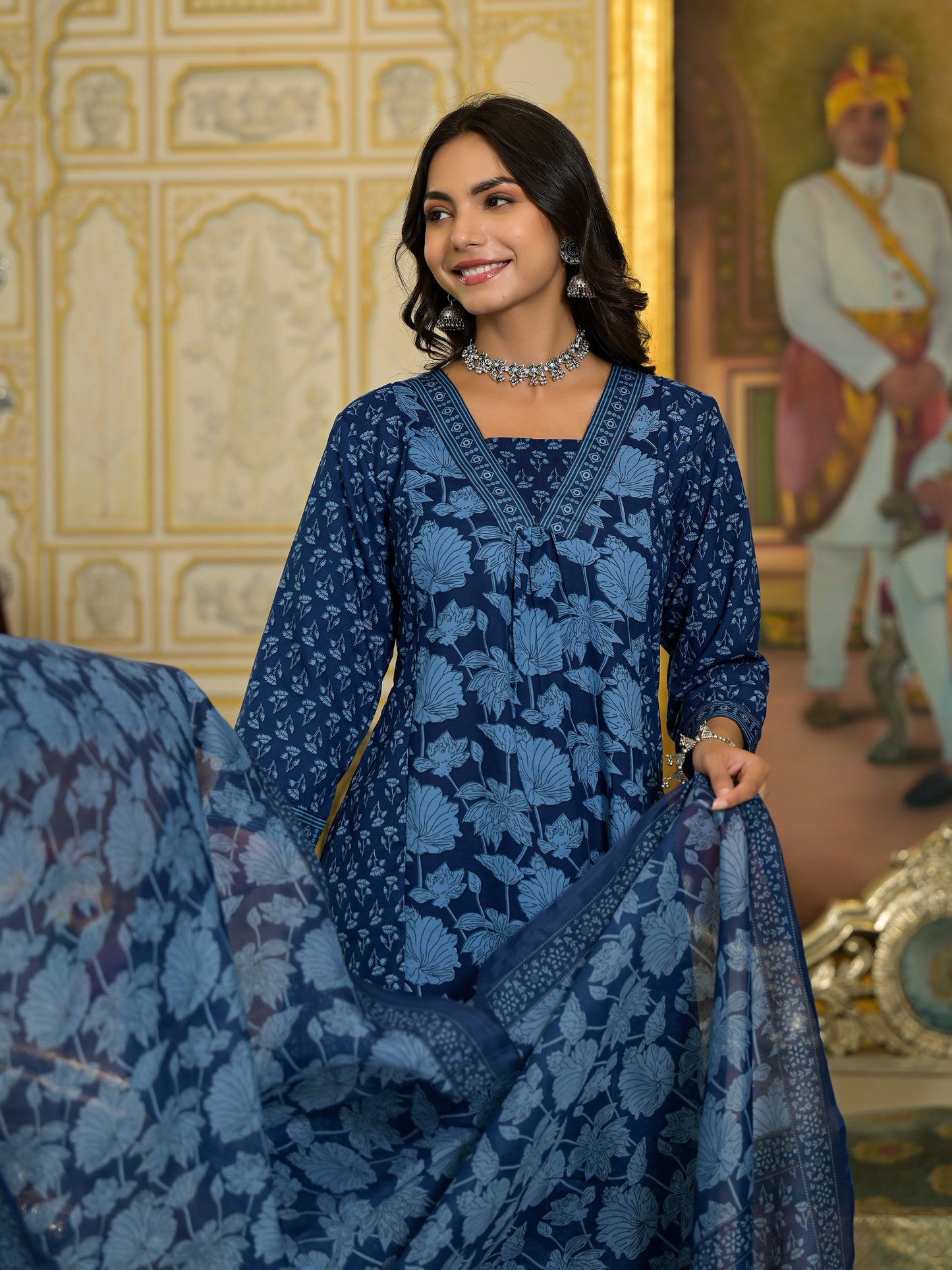 Women Blue Embroidery Viscose Rayon Kurta, Pant And Dupatta Set