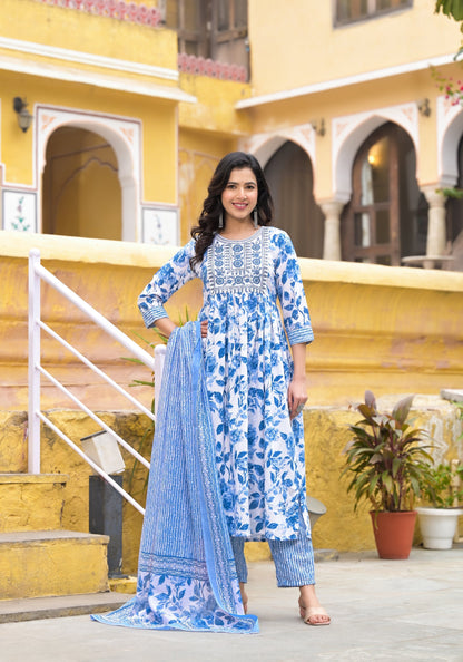 Women White, Blue Floral Print Viscose Rayon Kurta, Pant And Dupatta Set