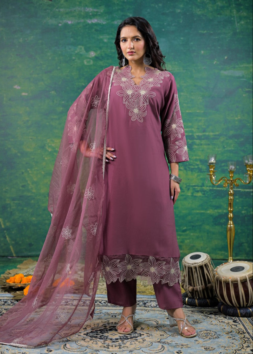 Morni Mauve Embroidered Suit Set