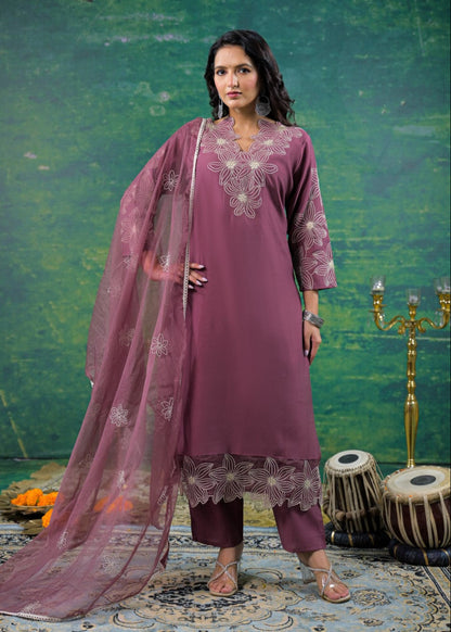 Morni Mauve Embroidered Suit Set