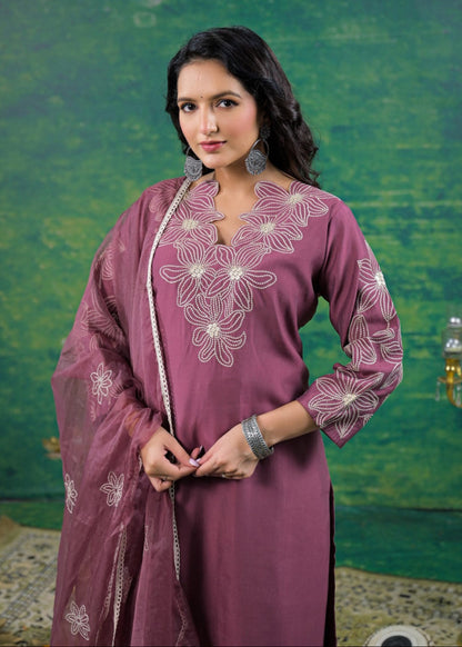 Morni Mauve Embroidered Suit Set