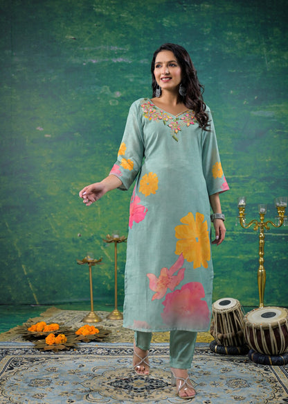 Yami Turq Embroidered Suit Set