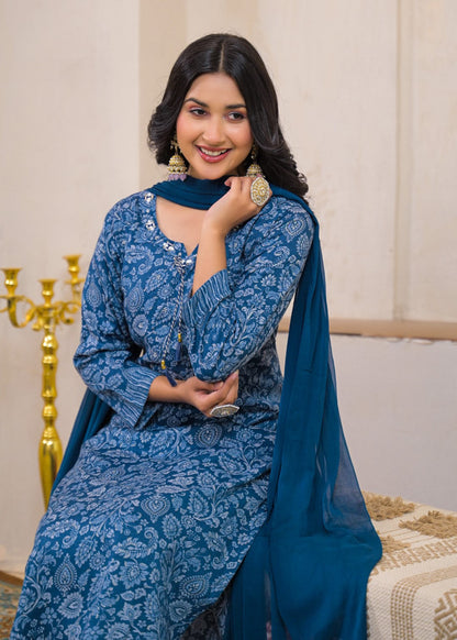 Shanti Azure Printed Cotton Suit Set