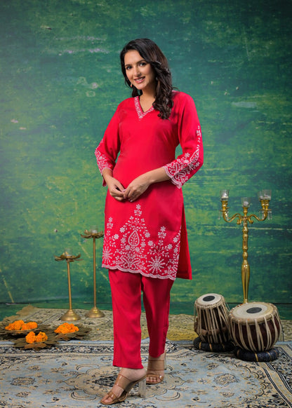 Ivy Carmine Embroidered Co-ord Set