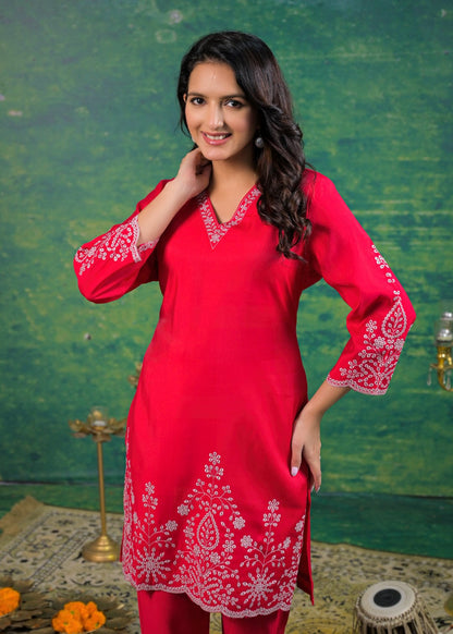 Ivy Carmine Embroidered Co-ord Set