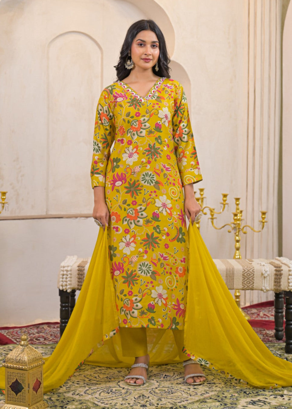Shanti Canary Printed Work Suit Set
