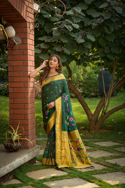 Dhiyona GR Women's Butterfly Drak Green Zari Paithani Silk Saree