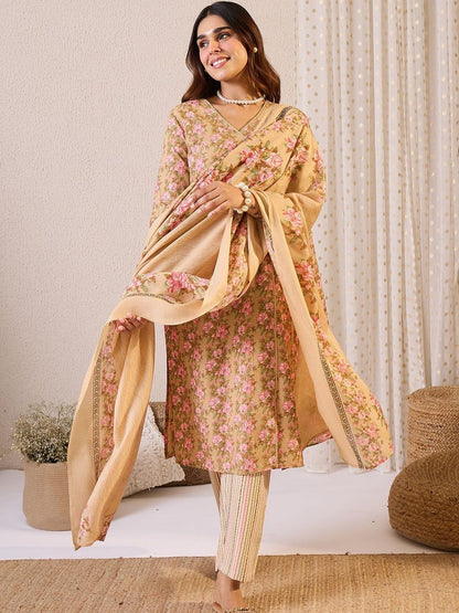 Floral Printed Straight Pure Cotton Kurta With Trousers & Dupatta