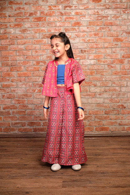 Ethnic Twist Girls Red  Print Flared Palazzo with Top and Jacket Girls Co-ordinate set