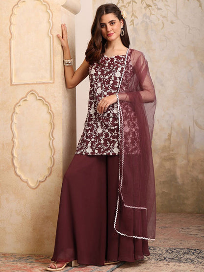 Dhiyona IN Floral Embroidered Sweetheart Neck Sequinned Kurti With Palazzos & Dupatta