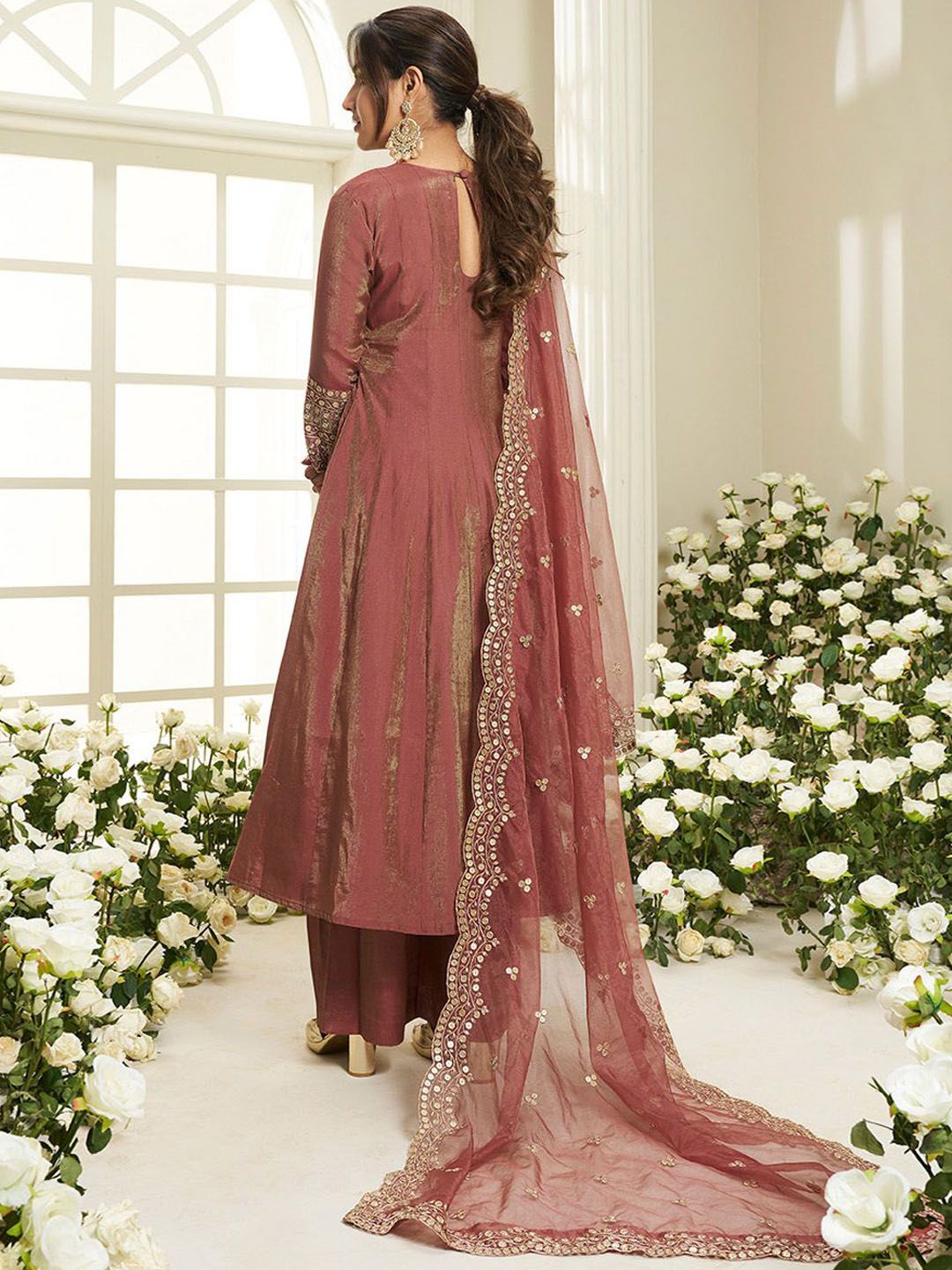 Dhiyona IN Floral Yoke Design Sequinned Anarkali Kurta With Palazzos & Dupatta