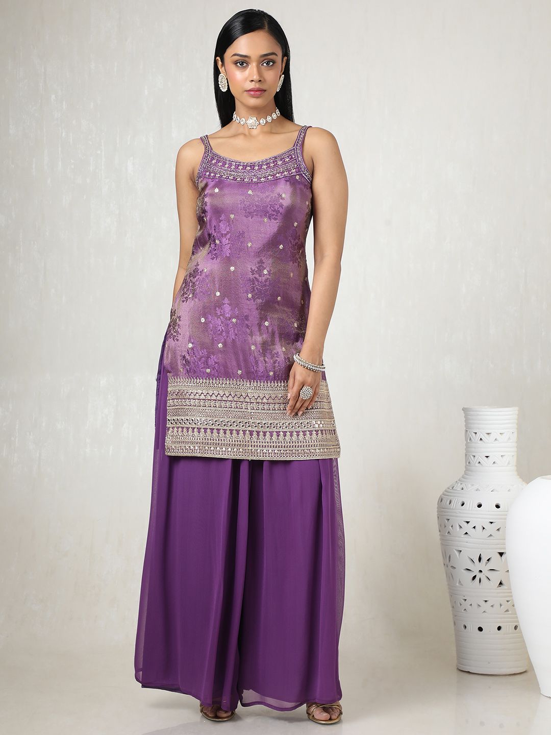 Dhiyona SO Women's Women Embroidered Regular Sequinned Kurta with Palazzos & With Dupatta