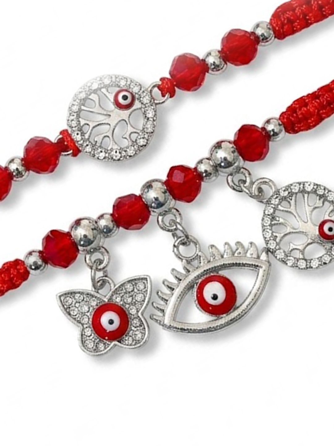 Dhiyona Set Of 2 Red & Silver Evil Eye Design Bhaiya Bhabhi Rakhi With Roli Chawal Chandan