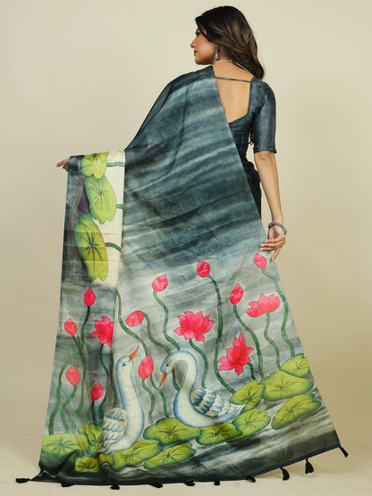 Women's Tussar Silk Black Printed Designer Saree With Blouse Piece