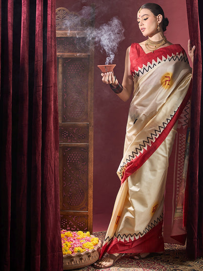Women's Silk Blend Off White Printed Celebrity Saree With Blouse Piece