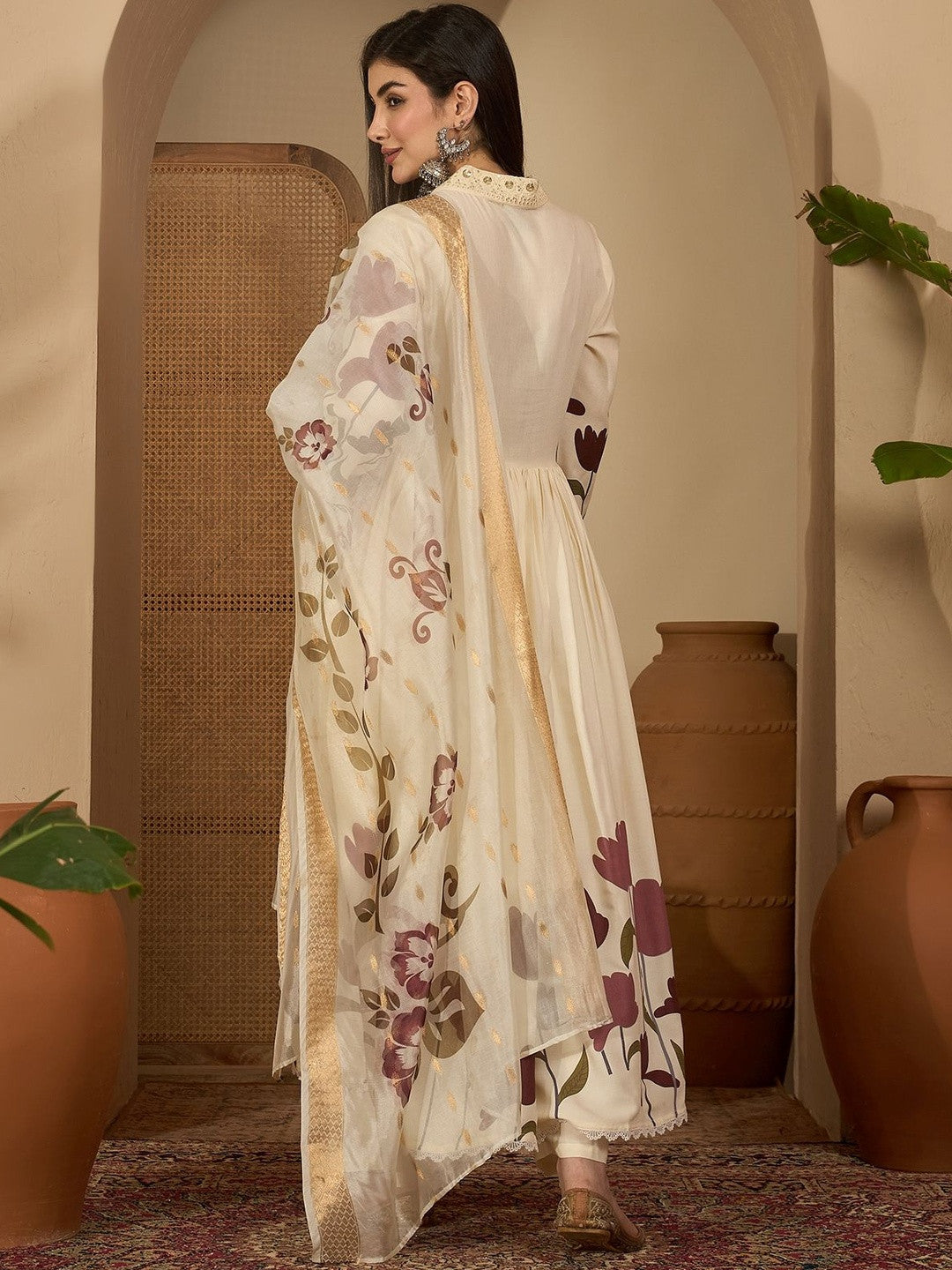 Women Floral Printed Empire Thread Work Kurta with Palazzos & With Dupatta