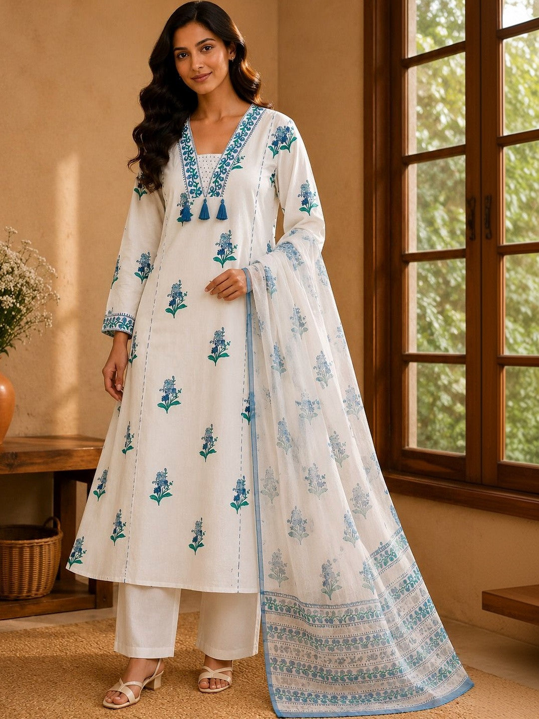 Dhiyona SN Women Floral Printed Regular Pure Cotton Kurta with Trousers & With Dupatta