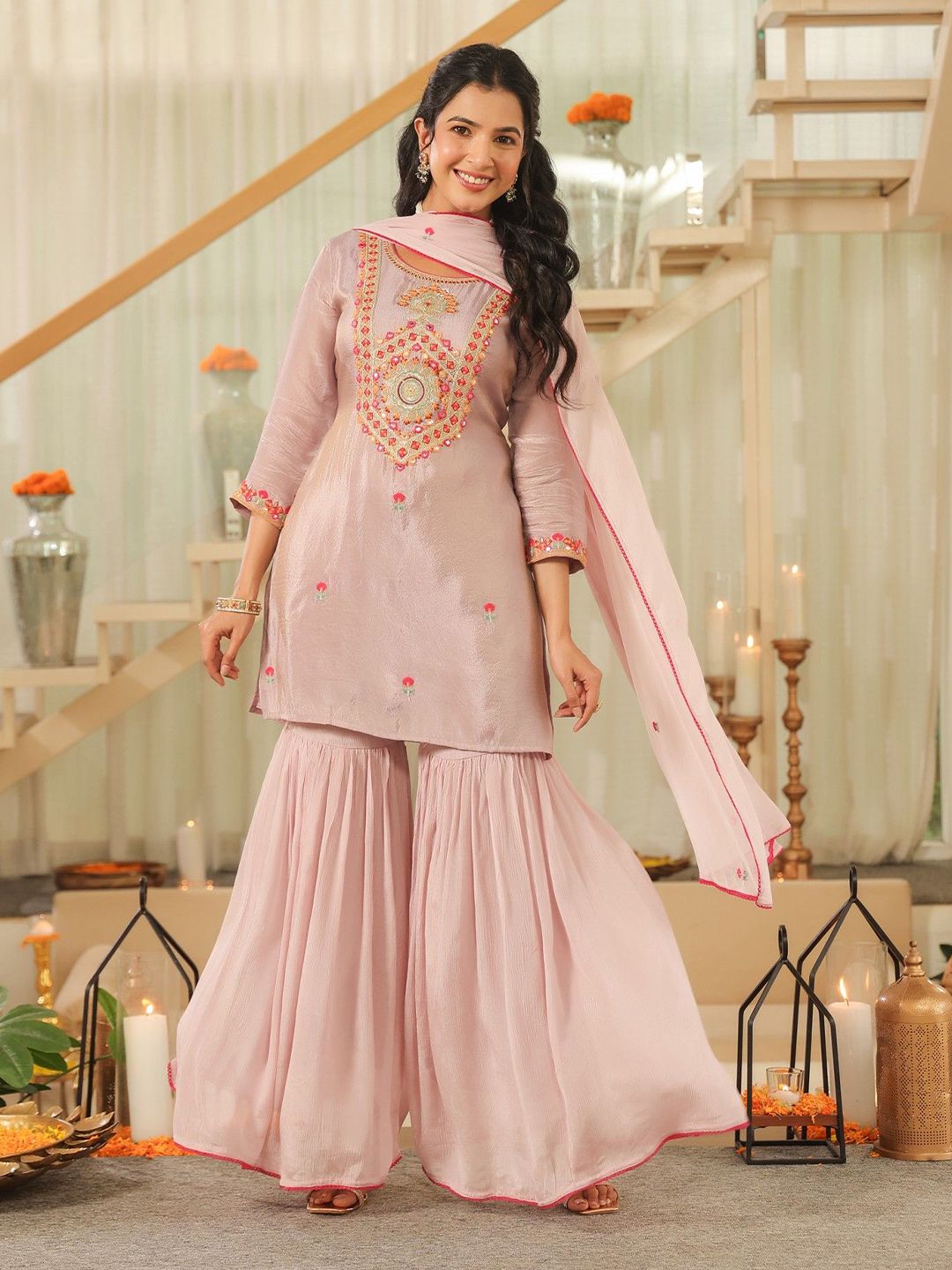 Dhiyona SC Women Geometric Embroidered Shimmer Tissue Sharara Kurta & Sharara With Dupatta
