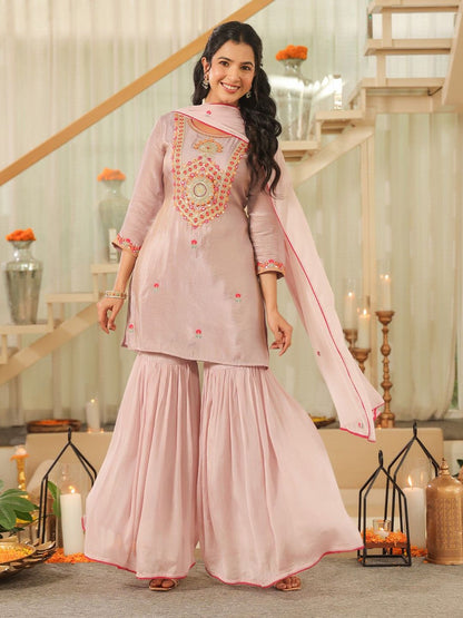 Dhiyona SC Women Geometric Embroidered Shimmer Tissue Sharara Kurta & Sharara With Dupatta