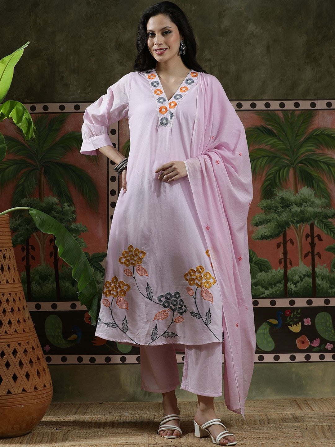 Embroidered Pure Cotton V-Neck Kurta & Trousers Kurta Sets