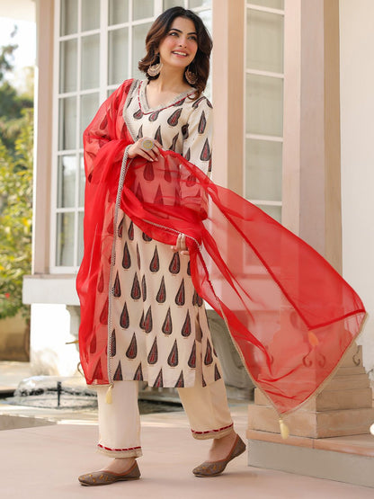Dhiyona RR Women's Ethnic Motifs Printed Regular Beads and Stones Kurta with Trousers & With Dupatta