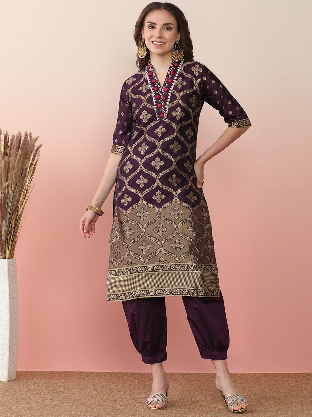 Woven Design Embroidered Banarasi Straight Kurta With Salwar & Dupatta