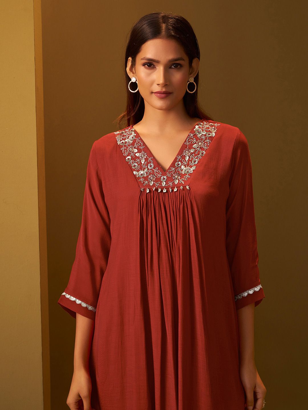Dhiyona IE Women Ethnic Motifs Embroidered Thread Work A-Line Kurta with Trouser
