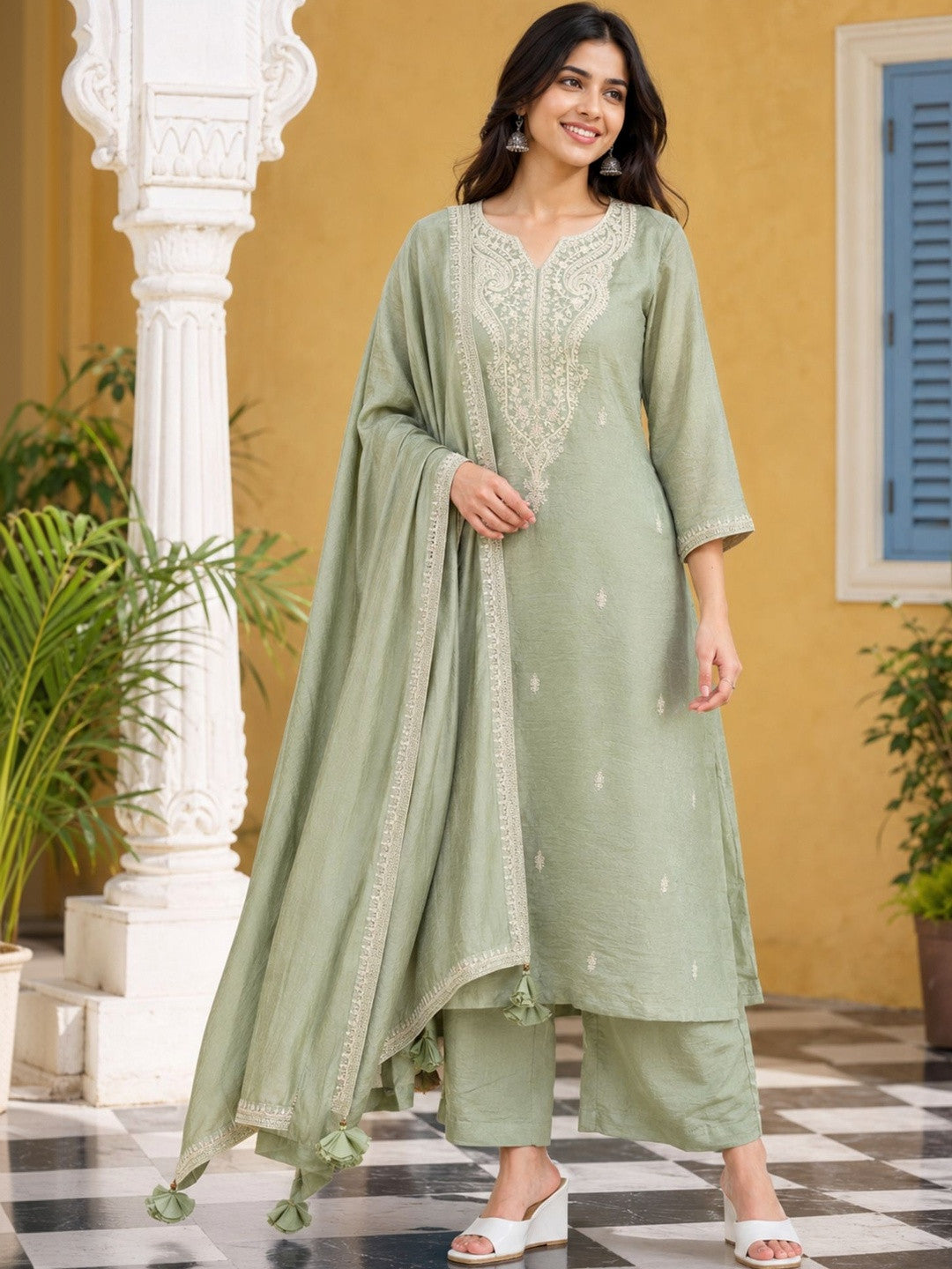 Women Ethnic Motifs Embroidered Regular Thread Work Kurta with Palazzos & With Dupatta