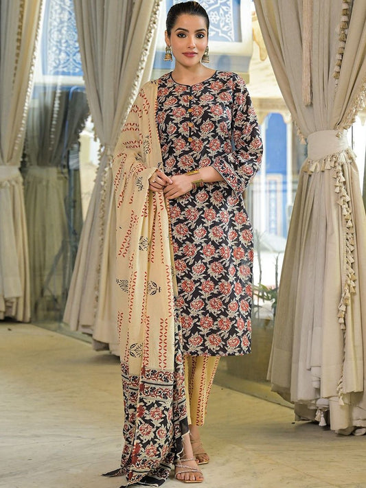Dhiyona KL Floral Printed Pure Cotton Straight Kurta & Trousers With Dupatta