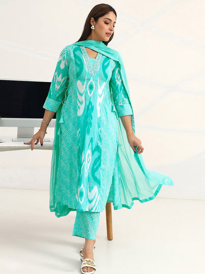 Women Ethnic Motifs Printed Regular Cotton Blend Kurta with Trousers & With Dupatta