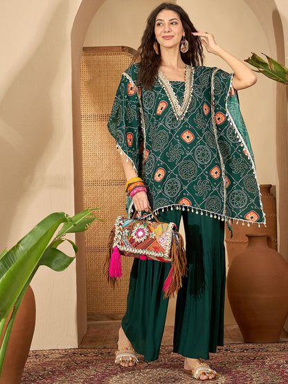 bandhani Printed Square Neck Beads And Stones Kaftan Kurti With Sharara