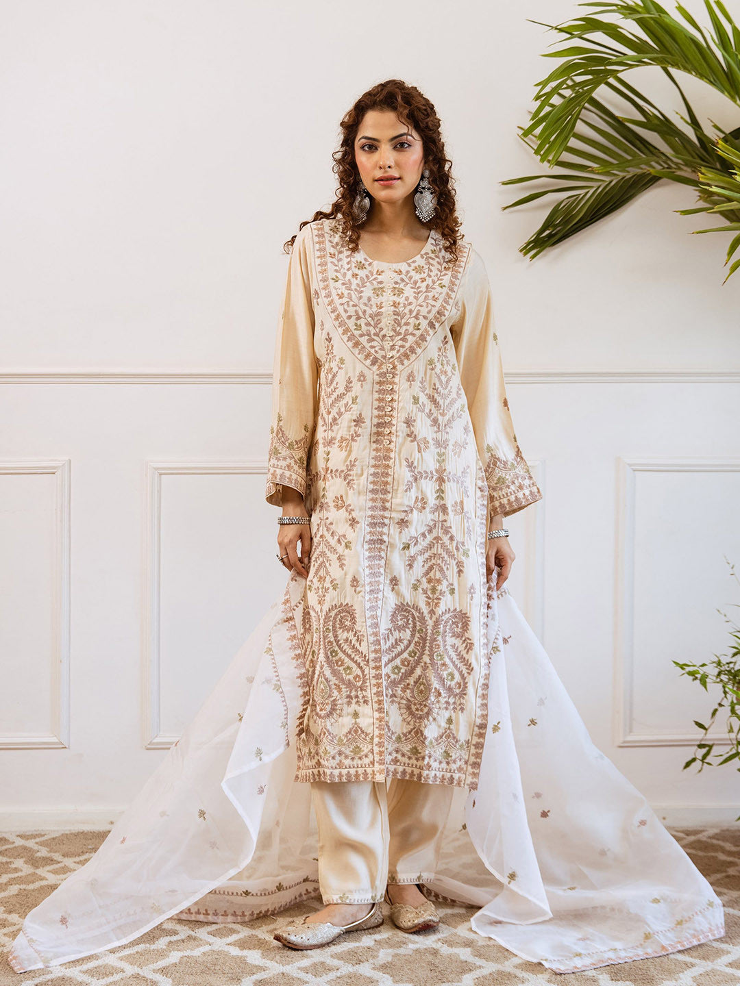 Dhiyona SN Floral Embroidered Chanderi Cotton Straight Kurta With Trousers & Dupatta