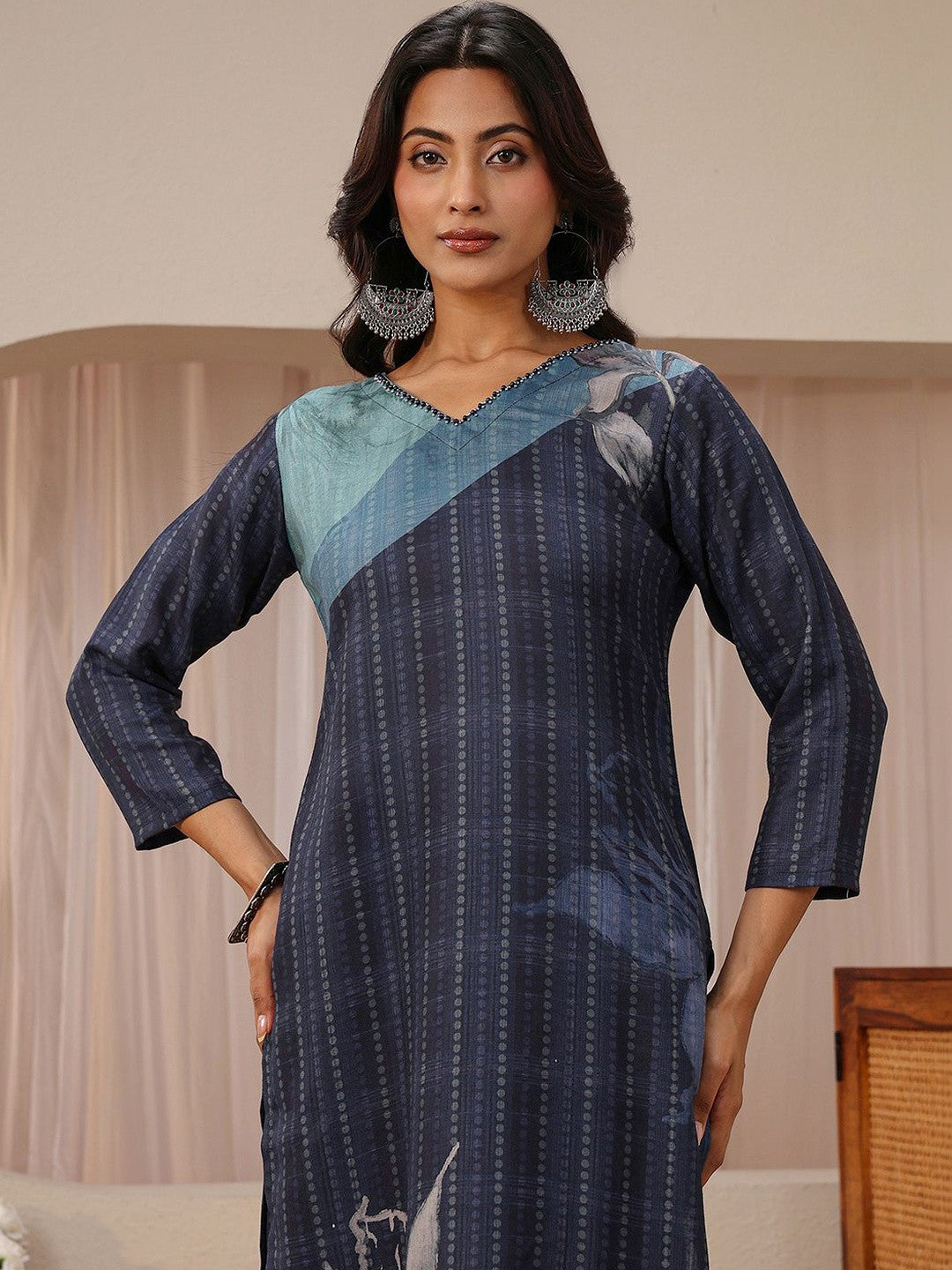 Blue Floral Printed Linen Straight Suit Set