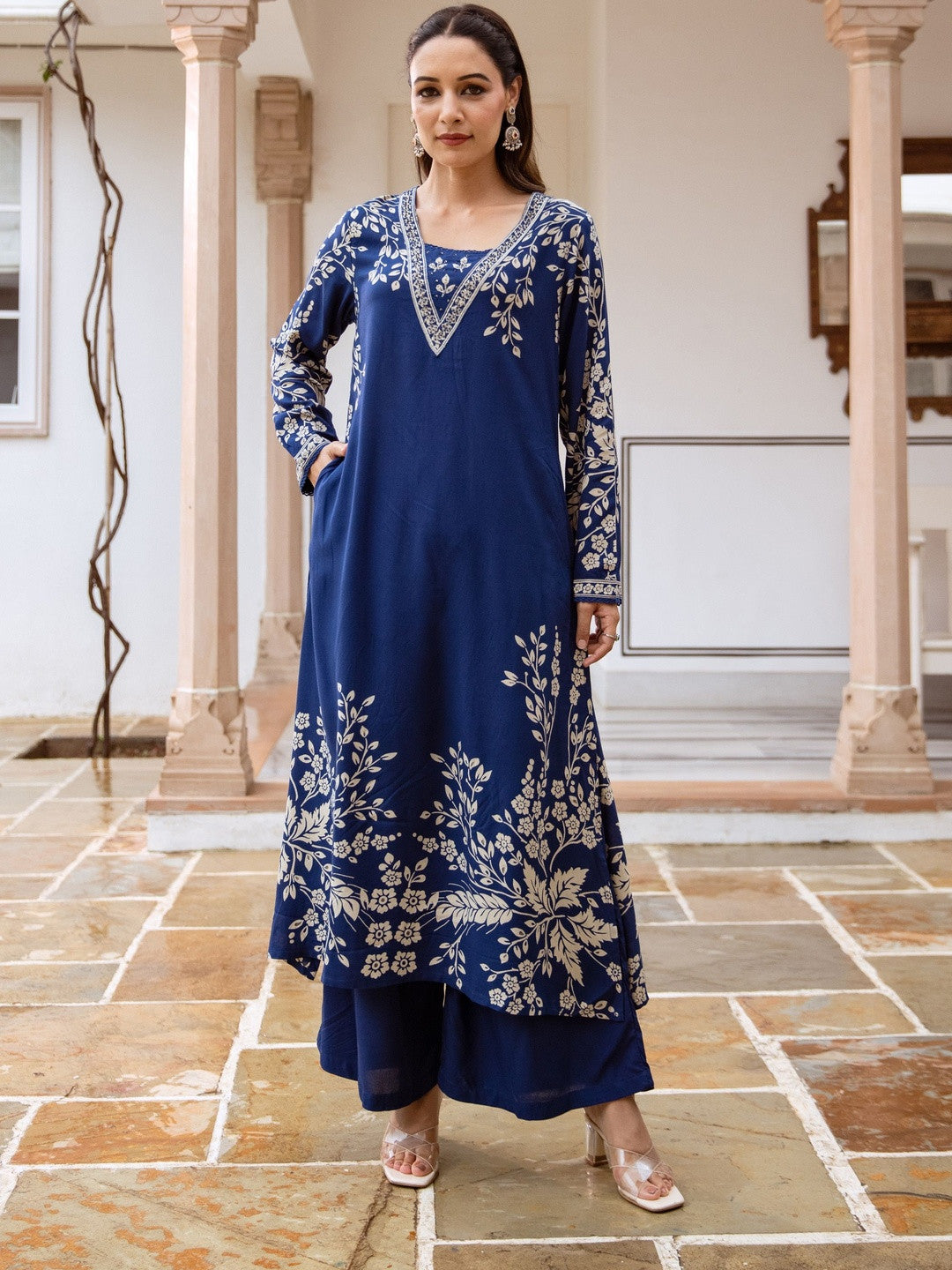 Embroidered & Printed V-Neck Kurta & Palazzos