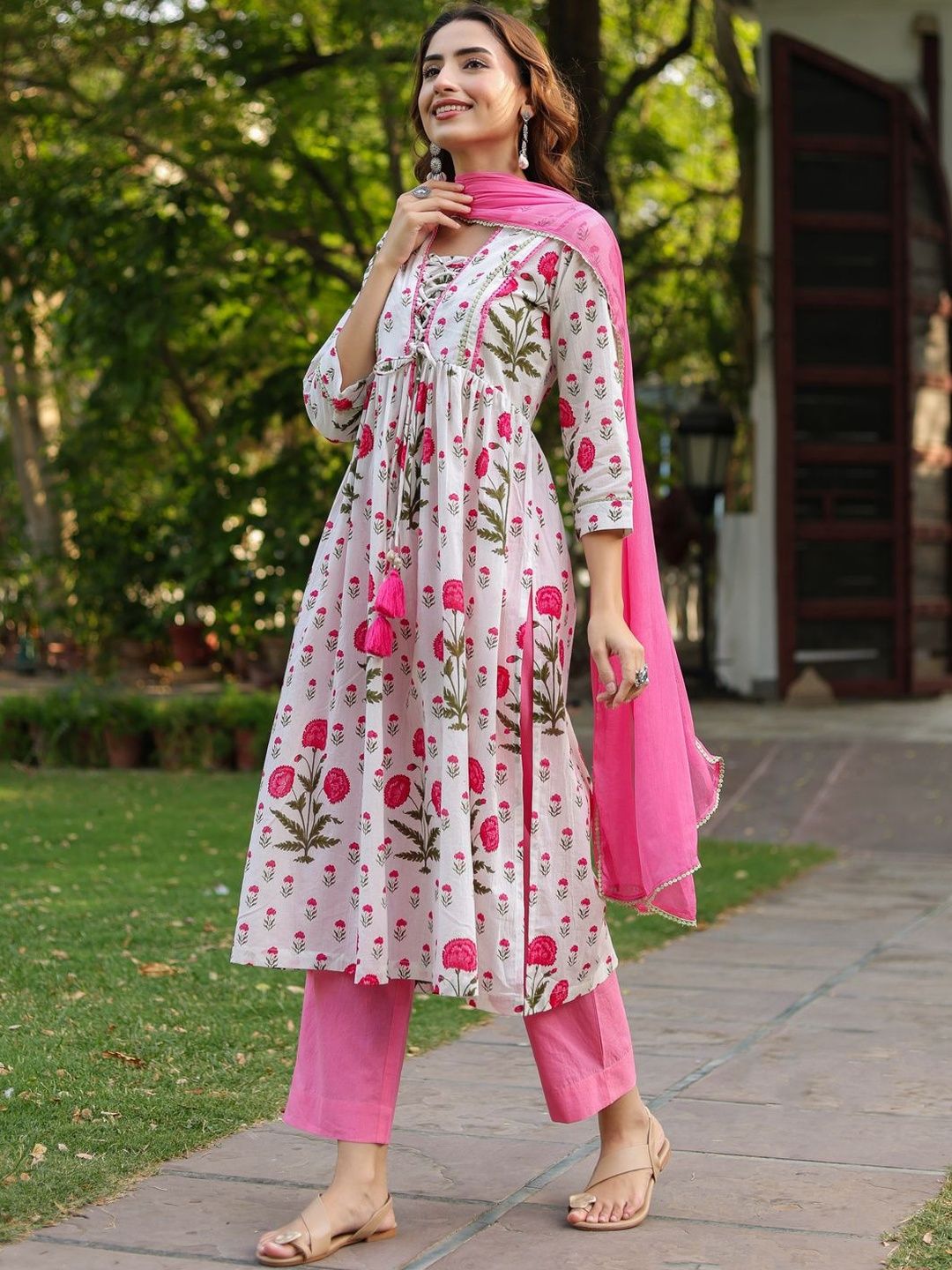 Dhiyona RR Women's Floral Printed Cotton Kurta with Trousers & Dupatta