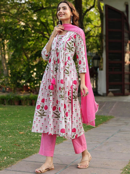 Dhiyona RR Women's Floral Printed Cotton Kurta with Trousers & Dupatta