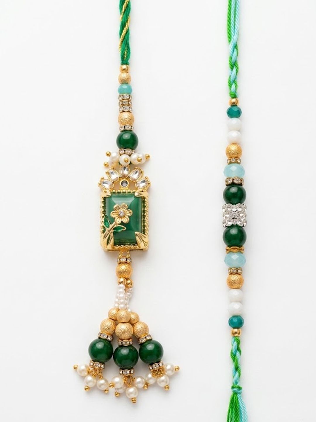 Dhiyona Set Of 2 Green Artificial Beads Traditional Bhaiya Bhabhi Rakhi With Roli Chawal