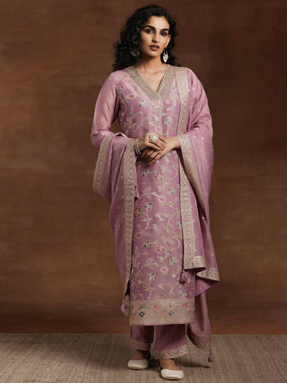 Women's LB Mauve Woven Design Silk Blend Straight Kurta With Trousers & Dupatta