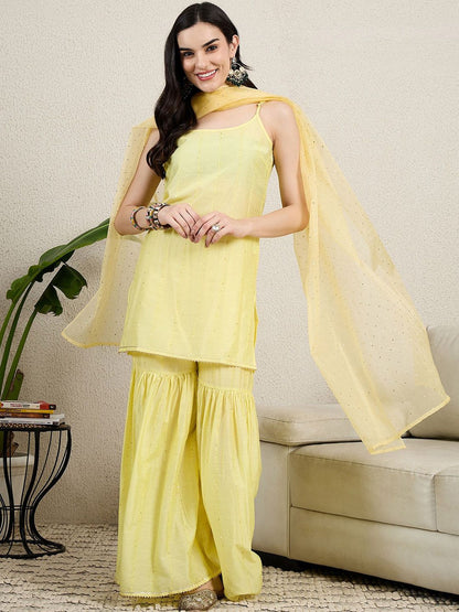 Dhiyona HOP Floral Embroidered Sequinned Straight Kurta With Sharara & Dupatta