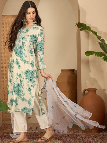 Women Floral Printed Regular Organza Kurta with Trousers And Embroidered Dupatta