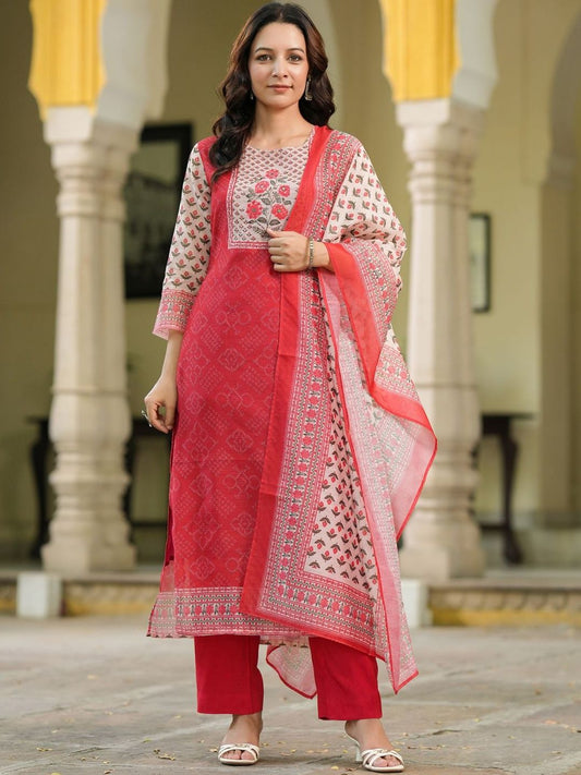 Dhiyona RR Women's Bandhani Printed Sequinned Chanderi Cotton Kurta With Trousers & Dupatta