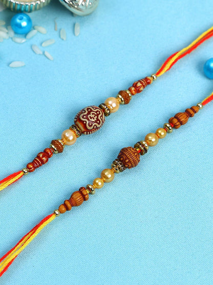 Dhiyona Set Of 2 Brown Beaded Rakhi With Roli Rice & Greeting Card