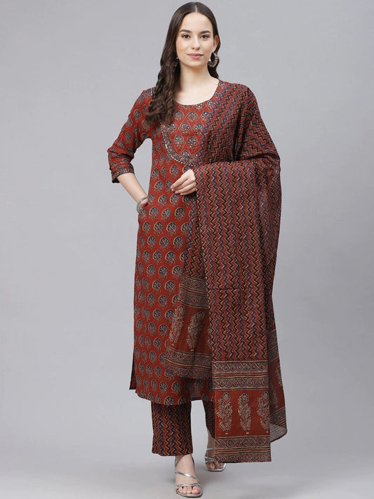 Dhiyona KL Ethnic Motifs Printed Round Neck Gotta Patti Straight Kurta With Trousers & Dupatta