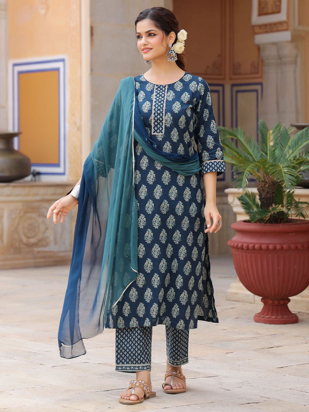 Dhiyona RR Women's Ethnic Motifs Printed Regular Pure Cotton Kurta with Trousers & With Dupatta