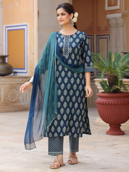 Dhiyona RR Women's Ethnic Motifs Printed Regular Pure Cotton Kurta with Trousers & With Dupatta