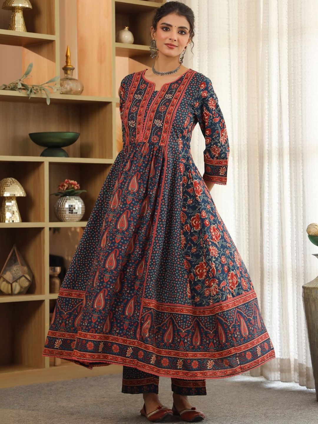 Dhiyona RR Women's Ethnic Motifs Printed Pleated Pure Cotton Kurta with Trousers & With Dupatta