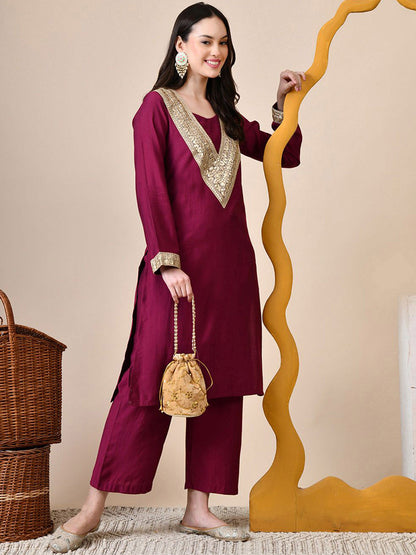 Women Solid Embroidered Sequinned Patchwork Kurta Set