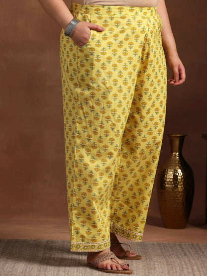 Women's LB Plus Size Yellow Printed Cotton Straight Suit With Dupatta